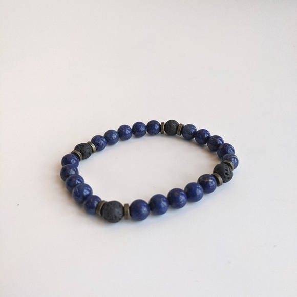 Lapis Lazuli and Lava Bead Stretch Bracelet - Picture 6 of 7